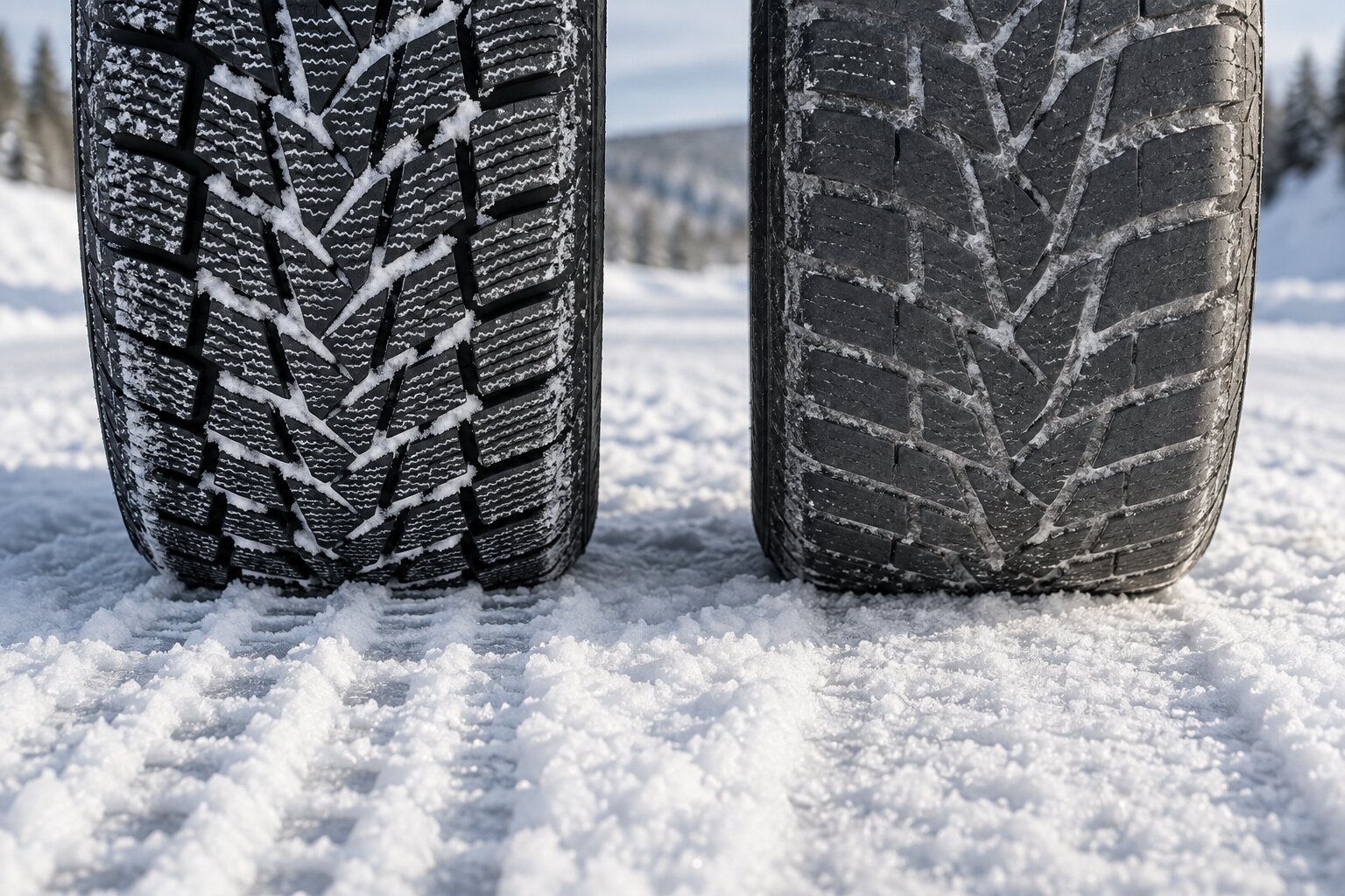 Deep siped and worn winter tyre treads standing on compacted snow